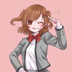  1girl ;q aijou_karen arm_up blush brown_eyes brown_hair closed_mouth collared_shirt crown_hair_ornament dress_shirt grey_jacket hair_ornament hand_on_own_hip jacket long_sleeves looking_at_viewer one_eye_closed open_clothes open_jacket pink_background pointing pointing_at_self school_uniform seishou_music_academy_uniform shiratama_(mofutto) shirt shirt_tucked_in short_hair shoujo_kageki_revue_starlight simple_background smile solo sparkle tongue tongue_out two_side_up upper_body white_shirt 