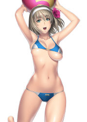  1girl areola_slip armpits ball beachball bikini blonde_hair breasts cameltoe cassandra_alexandra flower green_eyes hair_flower hair_ornament hairband hibiscus kansuke large_breasts nipple_slip nipples open_mouth simple_background skindentation solo soul_calibur swimsuit unaligned_breasts white_background  rating:Questionable score:66 user:Anonymous