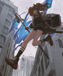 1girl absurdres angelina_(arknights) animal_ears arknights bag black_shorts black_socks brown_hair building coat earpiece fox_ears fox_girl from_side gloves hairband highres holding holding_staff k1llg kneehighs long_hair open_clothes open_coat open_mouth outdoors red_eyes shoes short_shorts shorts sneakers socks solo staff twintails rating:General score:2 user:danbooru