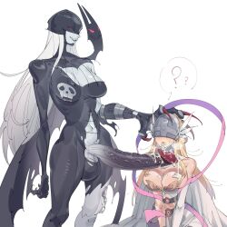  2girls ? ?? angel angel_wings angewomon armor bare_shoulders belt black_bodysuit black_lips black_mask blonde_hair blush bodysuit breastplate breasts cleavage clothing_cutout colored_skin commentary covered_eyes cowboy_shot cum cum_in_mouth cum_on_body cum_on_breasts cum_on_upper_body demon_girl digimon digimon_(creature) english_commentary facial_hair fang feathered_wings full-package_futanari futanari gloves grey_skin head_grab head_wings helmet helmet_over_eyes highres huge_penis ladydevimon large_breasts long_hair multiple_girls navel o-ring penis pink_ribbon red_nails ribbon simple_background single_glove speech_bubble stitches stomach_cutout testicles torn_bodysuit torn_clothes upper_body very_long_fingernails white_background white_gloves white_hair white_wings wings zocehuy 