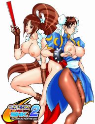  2girls blush bracelet breasts brown_hair bun_cover capcom capcom_vs_snk capcom_vs_snk_2 china_dress chinese_clothes chun-li folded_fan crossover double_bun dress fatal_fury fingerless_gloves folding_fan gloves hand_fan jewelry large_breasts loincloth long_hair multiple_girls nipples open_clothes open_shirt pantyhose pelvic_curtain ponytail rope sash shiranui_mai shirt snk spiked_bracelet spikes street_fighter the_king_of_fighters very_long_hair  rating:Explicit score:11 user:danbooru