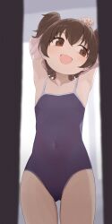  1girl akagi_miria armpits arms_up blue_one-piece_swimsuit blush brown_eyes brown_hair camisole camisole_lift clothes_lift collarbone commentary_request covered_navel cowboy_shot flat_chest highres hiroki_(yyqw7151) idolmaster idolmaster_cinderella_girls loli looking_to_the_side one-piece_swimsuit pink_camisole school_swimsuit short_hair sideways_glance smile solo standing swimsuit thighs two_side_up undressing voyeurism  rating:Questionable score:104 user:danbooru