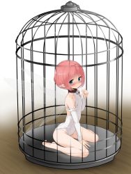 1girl absurdres ass barefoot bell blue_eyes blush cage collar commentary_request detached_sleeves ears_visible_through_hair fairy fairy_wings full_body gulp5959 hand_on_own_face highres in_cage jingle_bell leotard looking_at_viewer mini_person minigirl neck_bell original pink_hair pointy_ears short_hair sitting soles solo toes white_leotard wings rating:Questionable score:77 user:danbooru