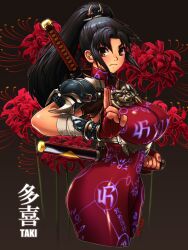  1girl armor black_hair bodysuit breasts brown_eyes character_name covered_erect_nipples floral_background flower glowing_tattoo high_ponytail highres holding holding_sword holding_weapon kainan katana kuji-in large_breasts long_hair looking_at_viewer red_bodysuit red_flower short_sword shoulder_armor solo soul_calibur spider_lily sword taki_(soulcalibur) tantou weapon 
