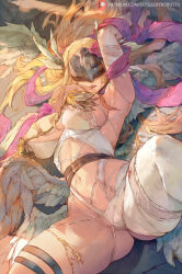 1girl angel angel_girl angel_wings angewomon areola_slip ass asymmetrical_clothes asymmetrical_legwear bare_shoulders belt blonde_hair breasts cleavage covered_eyes cutesexyrobutts digimon digimon_(creature) elbow_gloves gloves gluteal_fold helmet highres large_breasts long_hair mask monster_girl muscular_legs navel nipple_slip nipples pantyhose revealing_clothes single_leg_pantyhose solo spread_legs thick_thighs thigh_strap thighs white_gloves white_pantyhose winged_helmet wings rating:Questionable score:162 user:danbooru