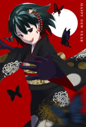  1girl black_eyes black_gloves black_hair black_kimono blurry blurry_foreground bob_cut brown_sash bug butterfly circle commentary cowboy_shot elbow_gloves empty_eyes english_text floating_hair floral_print foreshortening gloves hair_between_eyes hair_ornament happy_new_year insect japanese_clothes kimono looking_at_viewer looking_to_the_side metal_(1841828) monogatari_(series) new_year obi obijime open_mouth oshino_ougi outstretched_arms red_background sash short_hair smile solo standing swallowtail_butterfly teeth upper_teeth_only 