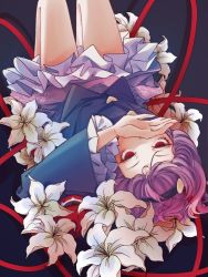 1girl black_hairband blue_shirt buttons covering_own_mouth floral_print flower frilled_skirt frilled_sleeves frills hair_ornament hairband hand_up heart heart_button heart_hair_ornament komeiji_satori lily_(flower) long_sleeves looking_at_viewer lying on_back pink_skirt purple_hair red_eyes rose_print shirt short_hair skirt solo third_eye touhou upside-down white_flower wide_sleeves zhihuaiqiang