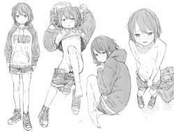  1boy blush clothes_pull cutoffs drawstring embarrassed flaccid greyscale highres hood hood_down hoodie looking_at_viewer lying male_focus monochrome nipples open_mouth original penis pulled_by_self shoes shorts shorts_pull shota shy single_shoe solo standing survival_yaiba tears 