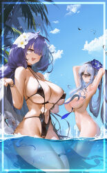  2girls :d absurdres alsace_(azur_lane) armpits arms_up azur_lane black_one-piece_swimsuit blue_hair blue_sky bracelet breasts cloud day flower hair_censor hair_flower hair_ornament highres huge_breasts jewelry long_hair looking_at_viewer mogador_(azur_lane) mogador_(locker_room_lechery)_(azur_lane) multiple_girls navel nike_(nike1060) nude one-piece_swimsuit open_mouth outdoors partially_submerged purple_hair sky smile sunglasses swimsuit thighs very_long_hair wading water 