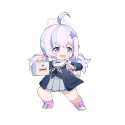 1girl :d ahoge ame. backpack bag black_jacket black_neckerchief blue_archive blue_eyes blue_hair box chibi commentary_request full_body grey_serafuku grey_shirt grey_skirt hair_between_eyes hair_ornament halo highres holding holding_box jacket long_hair low_twintails multicolored_hair neckerchief open_clothes open_jacket open_mouth pastry_box pink_footwear pink_hair pink_socks pleated_skirt reisa_(blue_archive) sailor_collar school_uniform serafuku shirt shoes simple_background skirt smile socks solo star_(symbol) star_hair_ornament twintails two-tone_hair very_long_hair white_background white_sailor_collar rating:General score:4 user:danbooru
