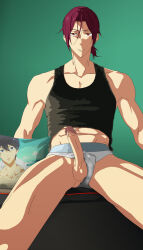 black_shirt erection free! highres looking_at_viewer male_focus matsuoka_rin muscular muscular_arms muscular_legs muscular_male penis red_eyes red_hair sexyanimes shirt sitting underwear