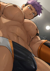  1boy abs bad_tag bara bulge covered_penis cowboy_shot crotch dark-skinned_male dark_skin foreshortening from_below highres ktorazi large_pectorals looking_at_viewer looking_down male_focus meme multicolored_hair muscular muscular_male navel nipples original pectorals purple_hair sanpaku short_hair solo stomach sweat topless_male tsurime two-tone_hair upper_body v-shaped_eyebrows very_sweaty wrestler wrestling_outfit yur_oc_like_this_(meme) 