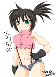  1girl artist_name black_hair breasts covered_erect_nipples creatures_(company) dated denim denim_shorts fingerless_gloves game_freak gloves green_eyes highres large_breasts legs looking_at_viewer midriff misty_(pokemon) navel nintendo parted_lips pokemon pokemon:_the_electric_tale_of_pikachu short_shorts shorts side_ponytail solo thighs unbuttoned unzipped 