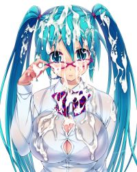 1girl aqua_hair blush bow bra_visible_through_clothes breasts bukkake button_gap cum cum_on_body cum_on_breasts cum_on_hair cum_on_upper_body excessive_cum facial female_focus glasses hatsune_miku hisasi large_breasts nail_polish simple_background solo twintails vocaloid white_background rating:Explicit score:100 user:Wendy_Marvell
