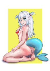  1girl ass barefoot blue_eyes breasts censored completely_nude feet fins fish_tail gawr_gura grey_hair hair_ornament heart heart_censor highres hololive hololive_english long_hair looking_at_viewer looking_back mikexyil nude shark_girl shark_hair_ornament shark_tail sharp_teeth small_breasts smile soles solo tail tan tanline teeth two_side_up virtual_youtuber 