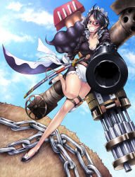  1girl aiming aiming_at_viewer arm_blade arm_cannon baby_5 belt black_hair breasts brown_eyes buckle buffalo_(one_piece) chain cigarette cleavage clenched_teeth cloud day donquixote_pirates dutch_angle gatling_gun goggles grass gun highres holding holding_gun holding_weapon huge_weapon katana leg_belt leg_lift legs long_hair looking_at_viewer m1_bazooka maazyu maid maid_headdress mask medium_breasts one_piece punk_hazard rocket_launcher serious sheath sheathed smoke smoking solo_focus standing_on_person sword teeth weapon yellow_eyes  rating:Sensitive score:43 user:madiz