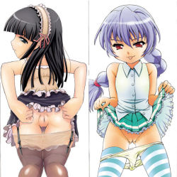  ass black_hair bottomless brown_legwear camisole cleft_of_venus clothes_lift from_behind garter_belt garter_straps hairband headdress isami_nozomi loli lolita_fashion looking_back naughty_face no_panties panties panty_pull purple_hair pussy red_eyes see-through skirt skirt_lift striped_legwear thighhighs tongue uncensored underwear  rating:Explicit score:68 user:jpeghunter