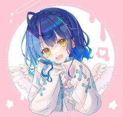  1girl :d ahoge amamiya_kokoro amamiya_kokoro_(4th_costume) angel_wings blue_hair blue_jacket border braid crescent crown_braid dot_nose elbow_rest fang feathered_wings frilled_sleeves frills hair_between_eyes hair_ornament head_tilt heart heart_hair_ornament jacket medium_hair multicolored_clothes multicolored_hair multicolored_jacket nijisanji official_alternate_costume official_alternate_hairstyle open_mouth partially_unzipped pink_background pink_hair pink_jacket playing_with_own_hair round_border sidelocks simple_background skin_fang smile spoken_heart star_(symbol) streaked_hair t_yakuri tareme two-tone_background upper_body virtual_youtuber wavy_hair white_background white_jacket wings x_hair_ornament yellow_eyes 