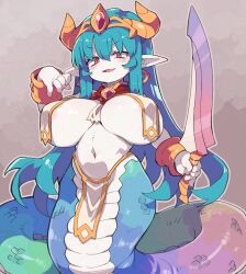  1girl absurdres blue_hair bracelet breast_curtains breasts commentary_request covered_erect_nipples earrings hair_between_eyes headpiece highres holding holding_sword holding_weapon horns huge_breasts jewelry lamia long_hair looking_at_viewer monster_girl navel open_mouth orange_horns original pale_skin pelvic_curtain pointy_ears red_eyes smile solo sword weapon zankuro 