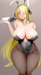  1girl bare_shoulders black_leotard blonde_hair blurry blurry_background blush breasts chestnut_mouth cleavage collarbone creatures_(company) cynthia_(pokemon) detached_collar dot_nose game_freak hair_over_one_eye half-closed_eyes highres huge_breasts hyuuman leotard lips long_hair nintendo pantyhose plate playboy_bunny pokemon pokemon_dppt rabbit_ears simple_background solo strapless thick_thighs thighs very_long_hair wide_hips 
