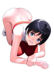 1girl all_fours black_hair blue_eyes bottomless breasts choppy_bangs commentary_request full_body gym_uniform highres large_breasts looking_at_viewer mibu_natsuki mole mole_under_eye open_mouth original red_tank_top shoes short_hair sidelocks sneakers tank_top white_background white_footwear  rating:Sensitive score:12 user:danbooru