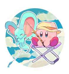  absurdres blush_stickers chair closed_eyes elfilin fish fishing fishing_rod highres holding holding_fishing_rod kirby kirby_(series) kirby_and_the_forgotten_land nintendo no_humans notched_ear outline piyomaru_(hachiyonnxxxx) sitting solid_oval_eyes tail white_outline 