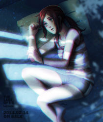  1girl bad_id bad_pixiv_id barefoot blurry bra bracelet copyright_name ellie_(the_last_of_us) fetal_position green_eyes jewelry light night noriuma pillow ponytail red_hair shirt short_shorts shorts signature solo striped_clothes striped_shirt tank_top the_last_of_us the_last_of_us_(series) underwear  rating:Sensitive score:33 user:danbooru
