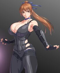  1girl abs alternate_breast_size bare_shoulders black_gloves blue_ribbon bodysuit breasts brown_eyes brown_hair cleavage curvy dead_or_alive dead_or_alive_5 elbow_gloves female_focus fingerless_gloves gloves hair_ribbon highres huge_breasts kasumi_(doa) long_hair looking_at_viewer muscular muscular_female ninja ozaneko ponytail ribbon solo standing thick_thighs thighs wide_hips  rating:Sensitive score:24 user:zombiespacial