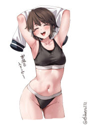  1girl armpits arms_up artist_name black_panties black_sports_bra blush breasts brown_hair collarbone commentary cowboy_shot cropped_legs ebifurya gluteal_fold groin hair_between_eyes heavy_breathing highres kantai_collection miyuki_(kancolle) navel open_mouth panties shirt simple_background small_breasts smile solo sports_bra steaming_body sweat teeth thighs translated twitter_username underwear undressing upper_teeth_only white_background white_shirt 