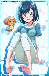  1girl :d aqua_camisole barefoot blue_border blue_hair blue_shirt bob_cut border braid camisole collarbone commentary commentary_request dated delicious_party_precure feet fuwa_kokone green_eyes hair_ornament hairclip hanzou highres layered_clothes legs looking_at_viewer open_mouth pam-pam_(precure) pants precure rounded_corners shirt short_hair short_sleeves silhouette single_braid sitting smile solo swept_bangs toenails toes twitter_username white_footwear white_pants 