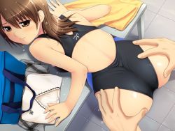  1girl ass ass_grab bag bare_shoulders bent_over bishoujo_(game) brown_hair disembodied_hand game_cg loli looking_back nonohara_miki school_uniform skirt spread_ass spread_legs swimsuit towel watase_tamaki wet yellow_eyes  rating:Questionable score:154 user:seikonnoqwaser