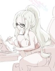  1girl blue_archive breasts camisole glasses hair_ornament hairclip highres holding holding_stylus large_breasts long_hair mabufuyo meru_(blue_archive) ponytail simple_background sketch spot_color stylus sweat tablet_pc thick_thighs thighs underwear wavy_mouth white_background 
