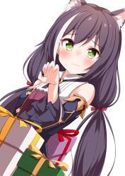 1girl ame. animal_ear_fluff animal_ears bare_shoulders black_hair blue_sleeves blush bow box breasts cat_ears closed_mouth commentary_request detached_sleeves dutch_angle gift gift_box green_eyes hair_bow hand_up highres karyl_(princess_connect!) long_hair long_sleeves looking_at_viewer low_twintails multicolored_hair princess_connect! princess_connect! red_bow shirt simple_background sleeveless sleeveless_shirt small_breasts solo streaked_hair twintails very_long_hair wavy_mouth white_background white_hair white_shirt wide_sleeves rating:Sensitive score:9 user:danbooru
