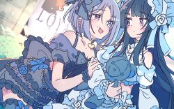  2girls arm_at_side assault_lily back_bow bare_shoulders black_bow black_choker black_dress black_hair black_thighhighs blue_bow blue_bowtie blue_choker blue_dress blue_eyes blue_flower blue_rose blunt_bangs blunt_ends blurry blurry_background blush bob_cut bonnet bow bowtie breasts choker cleavage closed_mouth clothing_cutout commentary_request cowboy_shot day dress dress_flower dutch_angle eye_contact flower frilled_bow frilled_dress frilled_sleeves frills grey_hair hair_bow hair_flower hair_ornament hand_on_another&#039;s_arm hand_up heart heart_choker heart_print heterochromia highres holding holding_stuffed_toy honkawa_works juliet_sleeves kagawa_makina leg_tattoo lolita_fashion long_hair long_sleeves looking_at_another mole mole_above_mouth morimoto_yuni multiple_girls official_alternate_costume open_mouth outdoors parted_bangs pendant_choker pink_eyes plant print_dress puffy_sleeves rose short_hair short_sleeves shoulder_cutout side_cutout sidelocks sitting smile stomach_cutout stuffed_animal stuffed_toy sweet_lolita tattoo teddy_bear thighhighs two-tone_bowtie two-tone_dress very_long_hair white_bow white_bowtie white_dress white_flower white_rose 