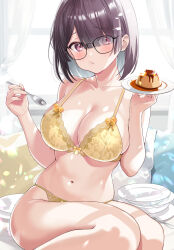  1girl :t blush bra breasts brown_hair cleavage curtains eating food glasses highres holding holding_food indoors large_breasts motsunuki navel original panties pillow pink_eyes plate pout pudding short_hair sitting solo spoon stomach thick_thighs thighs underwear underwear_only window yellow_bra yellow_panties 