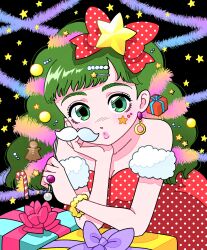  1girl bare_shoulders black_background bow bracelet breasts candy_hair_ornament christmas_ornaments christmas_present cleavage dress earrings fake_facial_hair fake_mustache food-themed_hair_ornament fujishima_moyu garland_(decoration) gift gingerbread_man_hair_ornament green_eyes green_hair hair_ornament hairclip highres jewelry looking_at_viewer original polka_dot polka_dot_bow polka_dot_dress pursed_lips solo star_(symbol) 