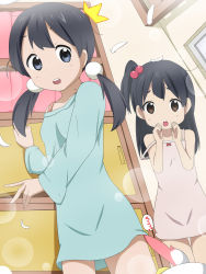  2girls :d ^^^ bare_arms bare_shoulders black_hair blue_eyes blue_shirt blush bow brown_eyes camisole collarbone commentary_request dera_mochimazzui feathers hands_up heart highres indoors kitashirakawa_anko kitashirakawa_tamako long_hair long_sleeves looking_at_viewer low_twintails makuran mole mole_on_neck multiple_girls one_side_up open_mouth pink_camisole red_bow shirt smile strap_slip tamako_market teeth translated twintails underwear underwear_only upper_teeth_only white_feathers  rating:Sensitive score:25 user:danbooru