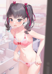 1girl bathroom black_hair blush bow bow_bra bow_panties bra breasts commentary_request cowboy_shot embarrassed fang grey_eyes hair_ribbon highres indoors long_hair looking_at_viewer mirror namikishiho open_mouth original panties pink_bra pink_panties red_ribbon ribbon sink skin_fang small_breasts solo standing towel twintails underwear undressing washing_machine rating:Sensitive score:109 user:danbooru