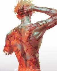  1boy amputee arm_behind_head back blonde_hair earrings facing_away from_behind gradient_background jewelry male_focus niteo07 nude scar short_hair single_earring sketch solo toned toned_male too_many too_many_scars trigun trigun_stampede twitter_username upper_body vash_the_stampede 