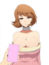  1girl 1other 20s @_@ animated atlus breasts breasts_out brown_eyes brown_hair cellphone choker cleavage clothes_pull commission eye_contact eye_visible_through_hair heart heart_choker highres holding holding_phone hypnosis large_breasts looking_at_another looking_at_viewer matching_hair/eyes megami_tensei mind_control naver nipples no_bra parted_lips persona persona_3 phone pov pulling shin_megami_tensei short_hair simple_background smartphone solo spiral standing submission sweater sweater_pull swept_bangs symbol_in_eye takeba_yukari tech_control uncensored undressing video watching white_background white_choker  rating:Questionable score:331 user:BoulderHolder