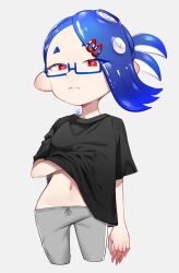  1girl alternate_costume black_shirt blue-framed_eyewear blue_hair cephalopod_eyes closed_mouth clothes_lift commentary_request cropped_legs eyelashes glasses grey_background grey_pants hair_ornament hairclip highres looking_at_viewer medium_hair navel nintendo octoling pants red_eyes red_pupils shirt shirt_lift shiver_(splatoon) simple_background solo splatoon_(series) splatoon_3 standing takagi_(tkgiii) tentacle_hair thick_eyebrows  rating:Sensitive score:3 user:danbooru