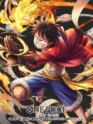 1boy black_background black_eyes black_hair blue_shorts clenched_hand commentary_request flaming_hand foot_out_of_frame hokuyuu jacket looking_at_viewer monkey_d._luffy no_shirt one_piece one_piece_card_game open_clothes open_jacket outstretched_arm red_jacket scar scar_on_face short_hair shorts smile smirk smoke solo teeth 