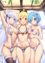 10s 3girls aged_up armpits arms_behind_head bed bikini black_bow black_legwear blonde_hair blue_eyes blue_hair blunt_bangs blush bow bow_bikini bow_bra bow_panties bra braid breasts cameltoe choker closed_mouth collarbone covered_erect_nipples crown_braid day emilia_(re:zero) eyes_visible_through_hair felt_(re:zero) flower frilled_choker frilled_legwear frills front-tie_top girl_sandwich gluteal_fold hair_bow hair_flower hair_ornament hair_over_one_eye hand_on_another&#039;s_hip indoors large_breasts long_hair looking_at_viewer lying maid_headdress medium_breasts multiple_girls navel on_back on_bed open_mouth panties pillow pointy_ears purple_eyes re:zero_kara_hajimeru_isekai_seikatsu red_eyes rem_(re:zero) sandwiched sayika shiny_skin short_hair sidelocks silver_hair skindentation slingshot_swimsuit small_breasts smile sunlight swimsuit thigh_gap thighhighs underwear v very_long_hair window x_hair_ornament rating:Sensitive score:346 user:danbooru