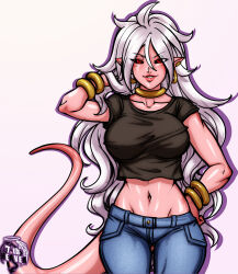  1girl 7th-heaven android_21 arm_up black_sclera bracelet breasts colored_sclera colored_skin denim dragon_ball dragon_ball_fighterz ear_piercing earrings female_focus gluteal_fold hand_on_own_hip highres jeans jewelry large_breasts long_hair looking_at_viewer majin_android_21 midriff navel pants piercing pink_skin pointy_ears red_eyes solo tail white_hair 