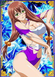  1girl ass bare_legs blush breasts breasts_squeezed_together brown_hair card_(medium) embarrassed glasses green_eyes gymnast_leotard hair_ornament highleg highleg_leotard ikkitousen large_breasts leotard long_hair looking_at_viewer navel official_art purple_leotard ryuubi_gentoku shiny_clothes shiny_skin solo torn_clothes torn_leotard very_long_hair wide_hips 