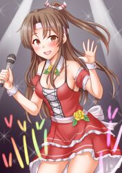  1girl anti_(untea9) blush breasts brown_eyes brown_hair cleavage concert cowboy_shot detached_sleeves dress glowstick hair_ornament hair_ribbon headband high_ponytail highres holding holding_microphone idol idol_clothes kantai_collection long_hair looking_at_another microphone music open_mouth ponytail red_dress ribbon singing small_breasts smile stage stage_lights strapless strapless_dress zuihou_(kancolle) 