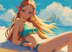  1girl absurdres alternate_costume beach bikini blonde_hair blue_eyes blue_sky braid breasts closed_mouth cloud commentary crown_braid elbow_rest english_commentary green_bikini hair_ornament hairclip highres long_hair looking_at_viewer lying navel nintendo ocean outdoors parted_bangs pointy_ears princess_zelda sky small_breasts smile solo swimsuit the_legend_of_zelda the_legend_of_zelda:_breath_of_the_wild triforce yan_kodiac 