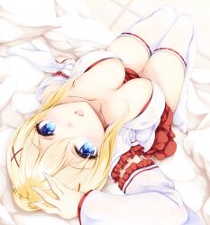 1girl alternate_costume bed_sheet blonde_hair blue_eyes boldcats breasts breasts_apart collarbone covered_erect_nipples darkness_(konosuba) detached_sleeves downblouse frilled_sleeves frills hair_ornament hand_up highres japanese_clothes kimono kono_subarashii_sekai_ni_shukufuku_wo! large_breasts long_sleeves looking_at_viewer looking_up lying miko on_back open_clothes open_kimono open_mouth solo thighhighs thighs white_kimono white_thighhighs x_hair_ornament rating:Questionable score:20 user:danbooru