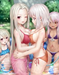 4girls :d ;d aki99 between_breasts bikini blue_bikini blush breast_press breasts brown_eyes bust_cup chloe_von_einzbern commentary covered_erect_nipples day fate/kaleid_liner_prisma_illya fate_(series) flat_chest forehead halterneck highres hose illyasviel_von_einzbern irisviel_von_einzbern large_breasts leysritt_(fate) loli long_hair looking_at_viewer looking_down mother_and_daughter multiple_girls one_eye_closed open_mouth outdoors pink_hair purple_bikini red_eyes revision sarong side-tie_bikini_bottom sidelocks silver_hair small_breasts smile stomach_tattoo swimsuit symmetrical_docking tattoo wading wading_pool rating:Questionable score:51 user:danbooru