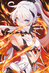  1girl absurdres armpits bare_shoulders black_gloves blue_eyes breasts bright_pupils capelet chinese_commentary cleavage closed_mouth clothing_cutout commentary_request diamond-shaped_pupils diamond_(shape) dress feather_hair fire gauntlets gloves hair_between_eyes hair_intakes hand_up high_ponytail highres honkai_(series) honkai_impact_3rd kiana_kaslana kiana_kaslana_(herrscher_of_flamescion) looking_at_viewer m78_zaitaoaotezhanshi medium_breasts midriff multicolored_hair sideboob solo stomach_cutout streaked_hair symbol-shaped_pupils upper_body white_capelet white_dress white_gloves white_hair white_pupils 